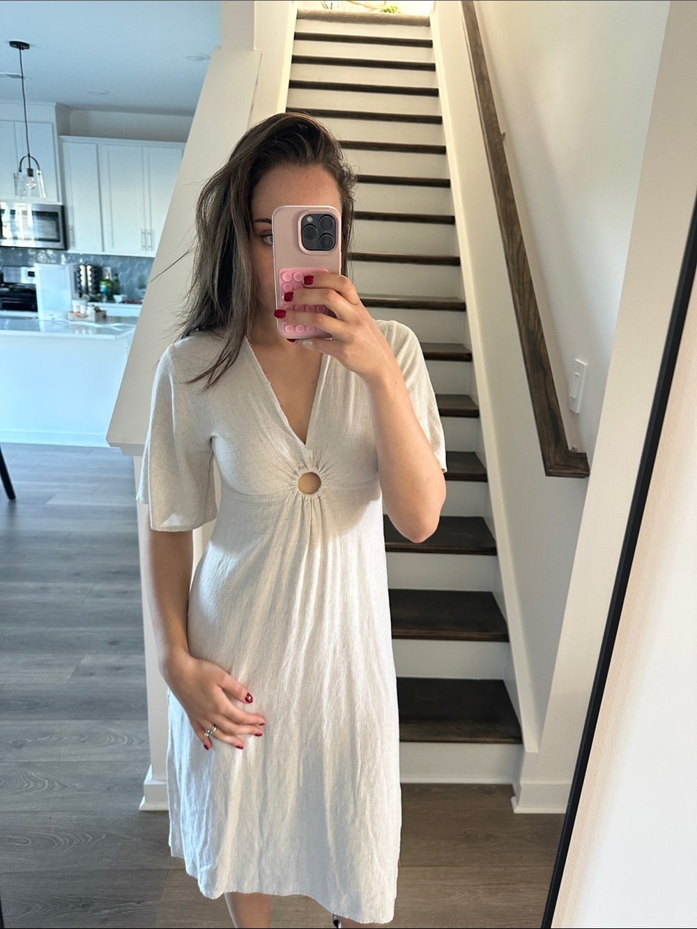 White V-Neck Ring-Detail Midi Dress Linen Blend / Small